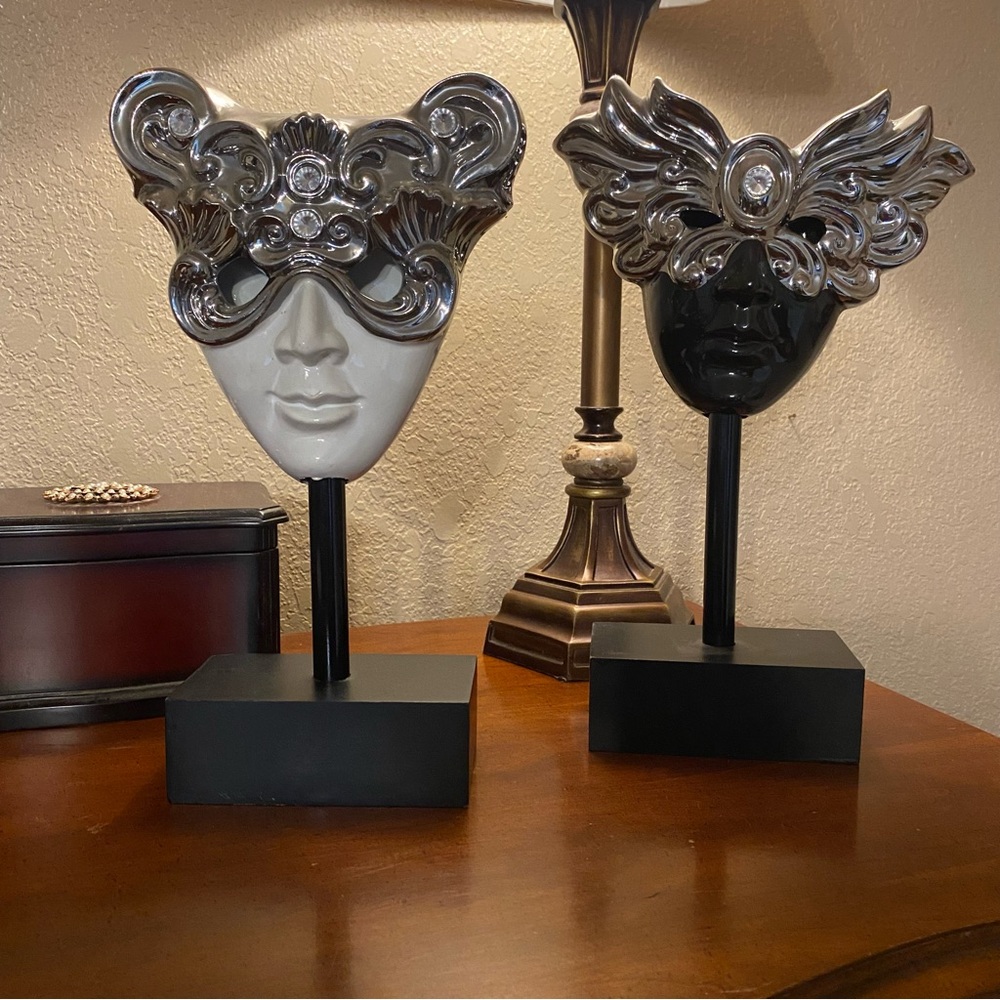 Pair (2) Baroque Venetian Style Mask Porcelain Carnival Mardi Gras Face Deco